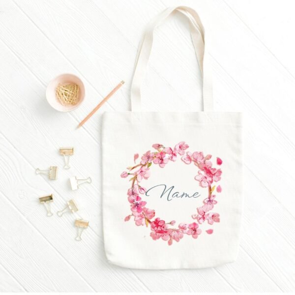 custom name white tote bag with floral design